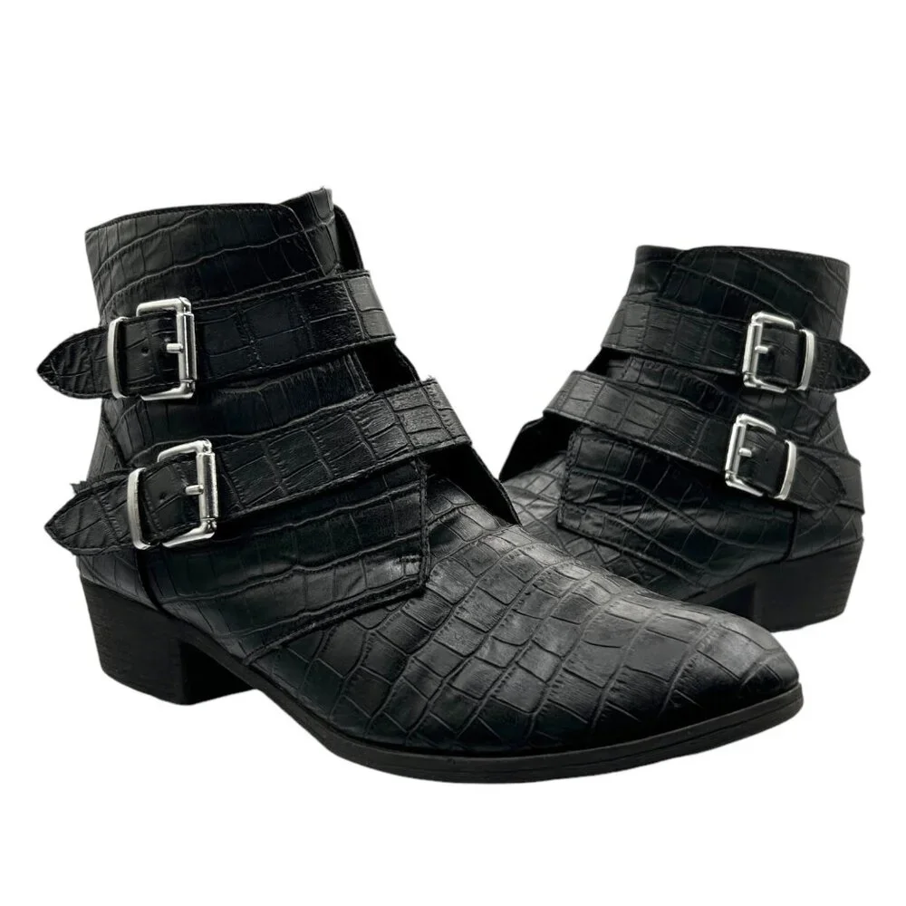 a.n.a. Afra Motorcycle Black Faux Croc Embossed Grunge‎ Biker Ankle Boots (9M)